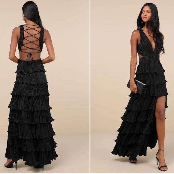 LULU's Prom Wedding Bridesmaid Pleated Tiered Ruffles Boho Black Satin Maxi Dres - Picture 3 of 5